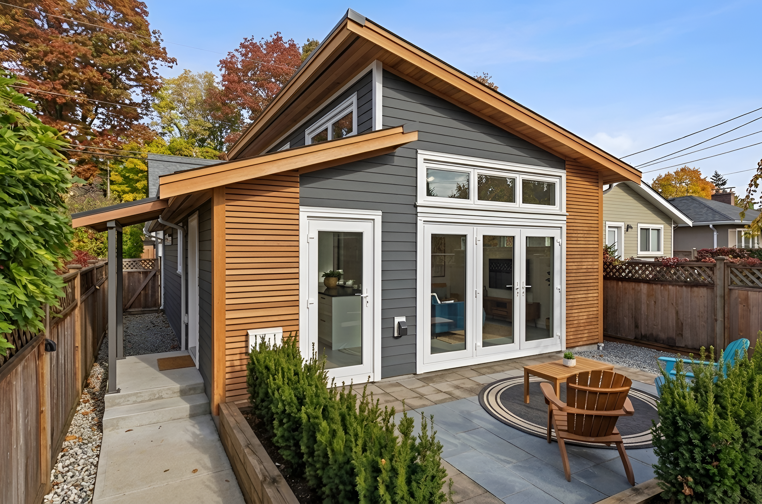 Black board-and-batten laneway home with cedar accents and rear lane parking